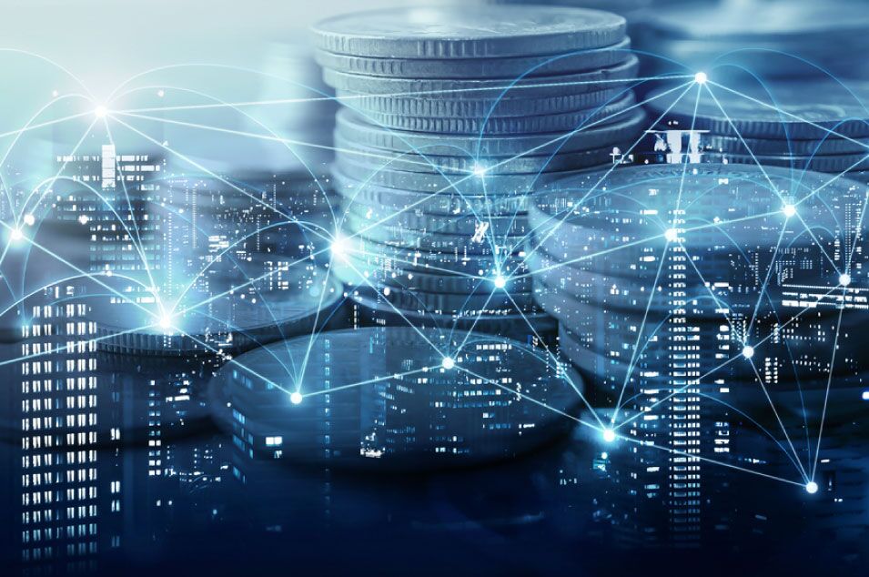 Stacked coins and buildings