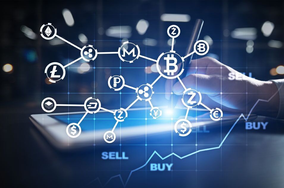 Diagram of stock quotes and tablets in the background